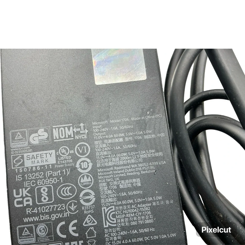 Microsoft Surface 65W Power Supply Adapter Model 1706 Black Charger 15V 4A